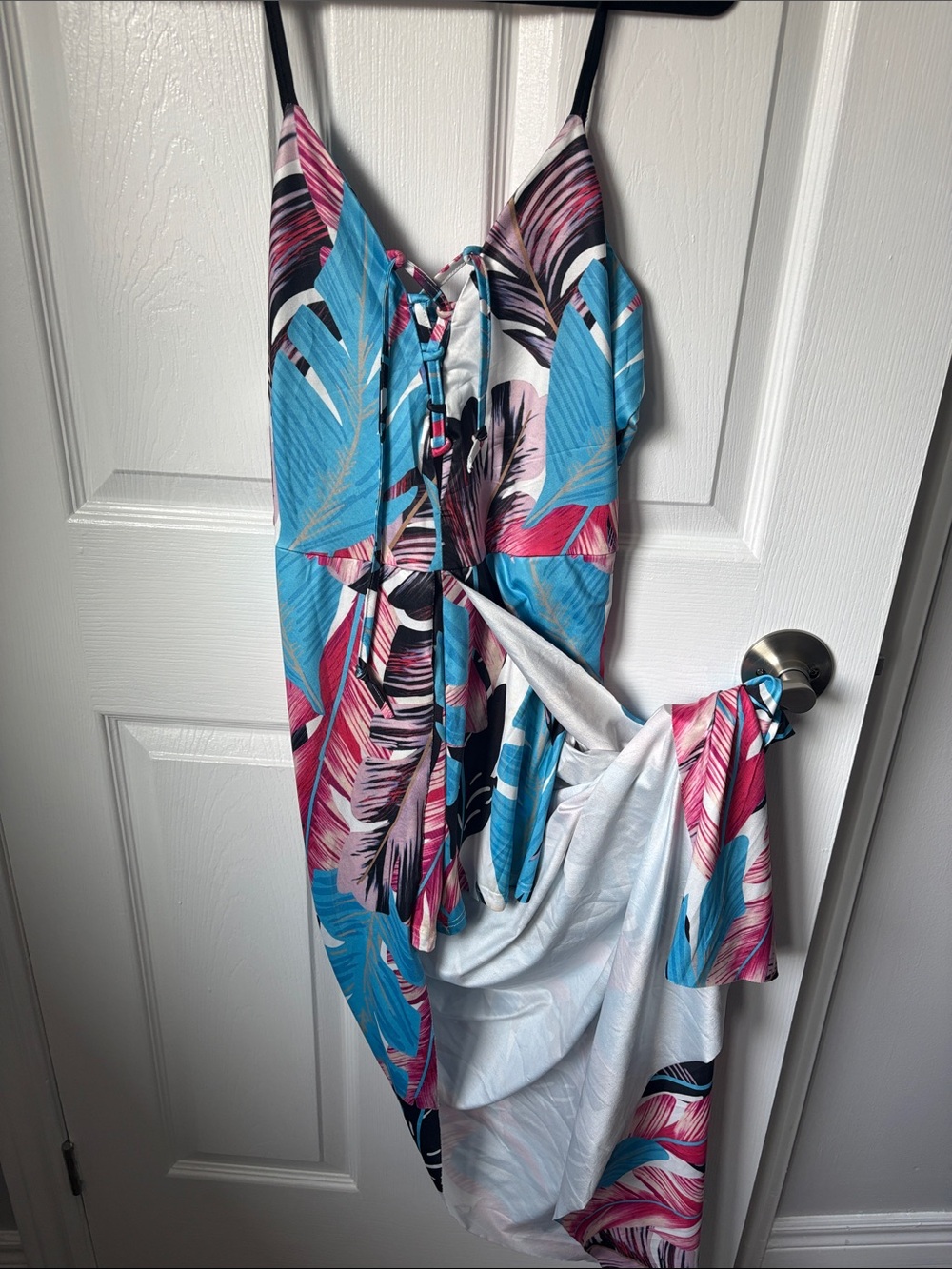 Tropical Leaf Maxi Dress in Blue & Pink
